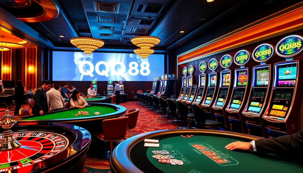 Experience the thrill of QQQ88 at a bustling casino featuring roulette, blackjack, and slots.