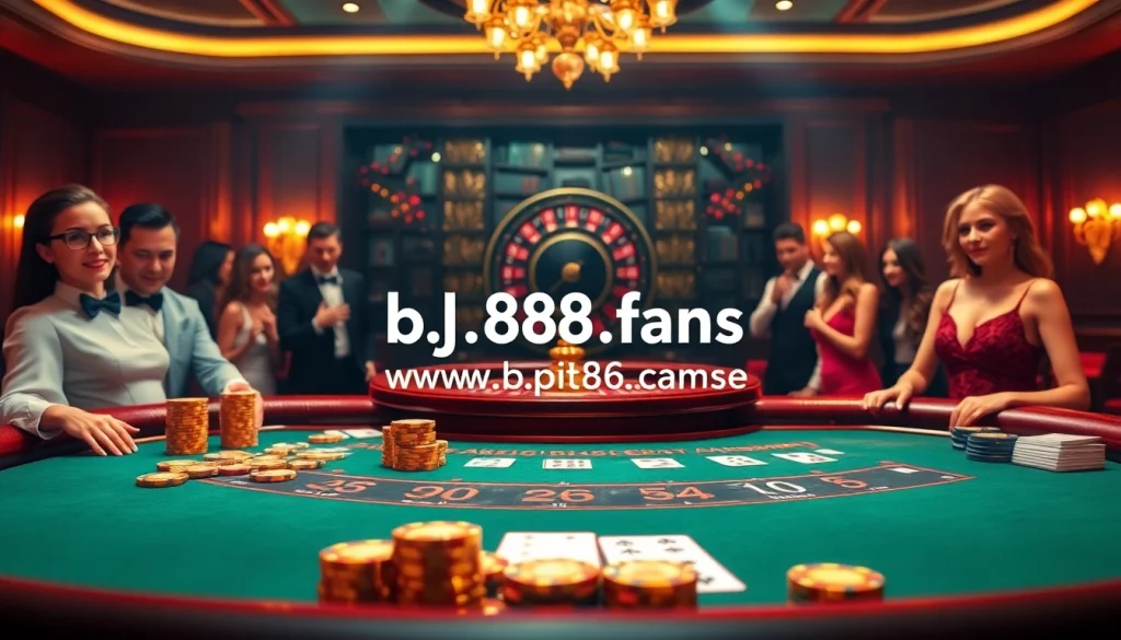 Experience thrilling gameplay at https://bj88.fans/ with a vibrant casino scene showcasing a blackjack table and roulette wheel.