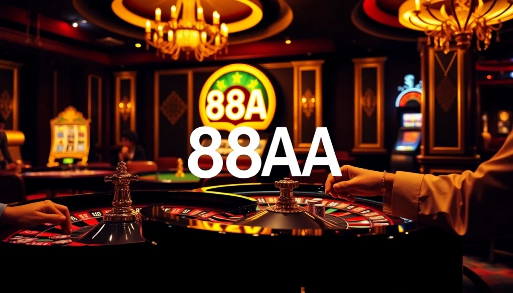 A thrilling casino scene showcasing a roulette table and poker players, with the vibrant 88AA neon sign illuminating the atmosphere.