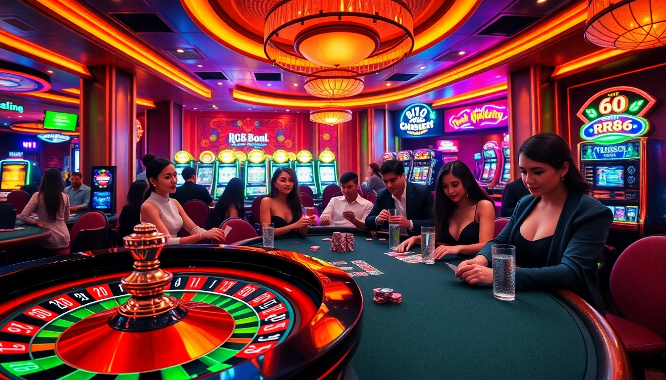 RR88 players engaged in the thrill of poker at a vibrant casino, surrounded by slot machines and a roulette wheel.