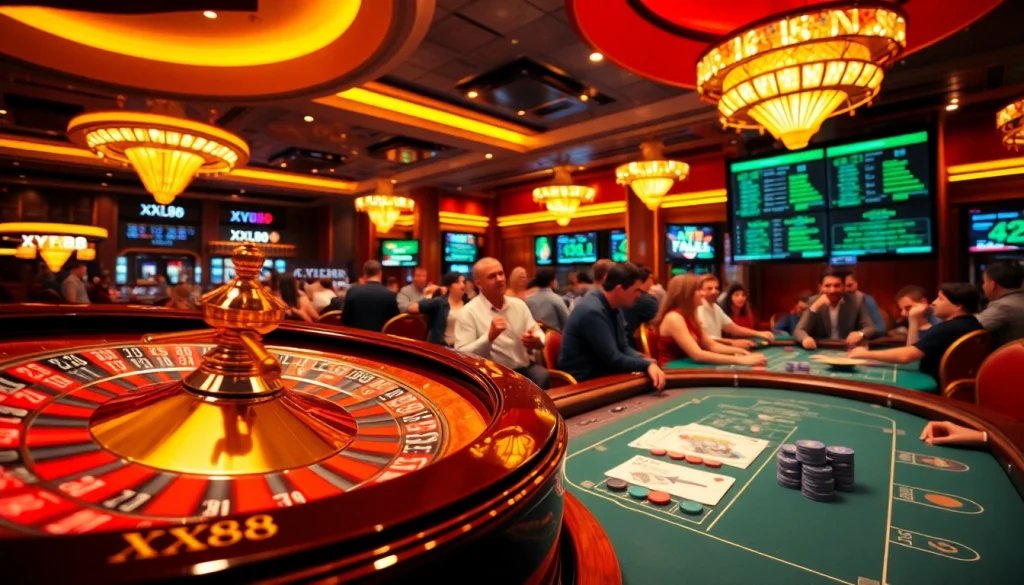 Experience the thrill of XX88 in a vibrant casino scene with roulette and blackjack games.
